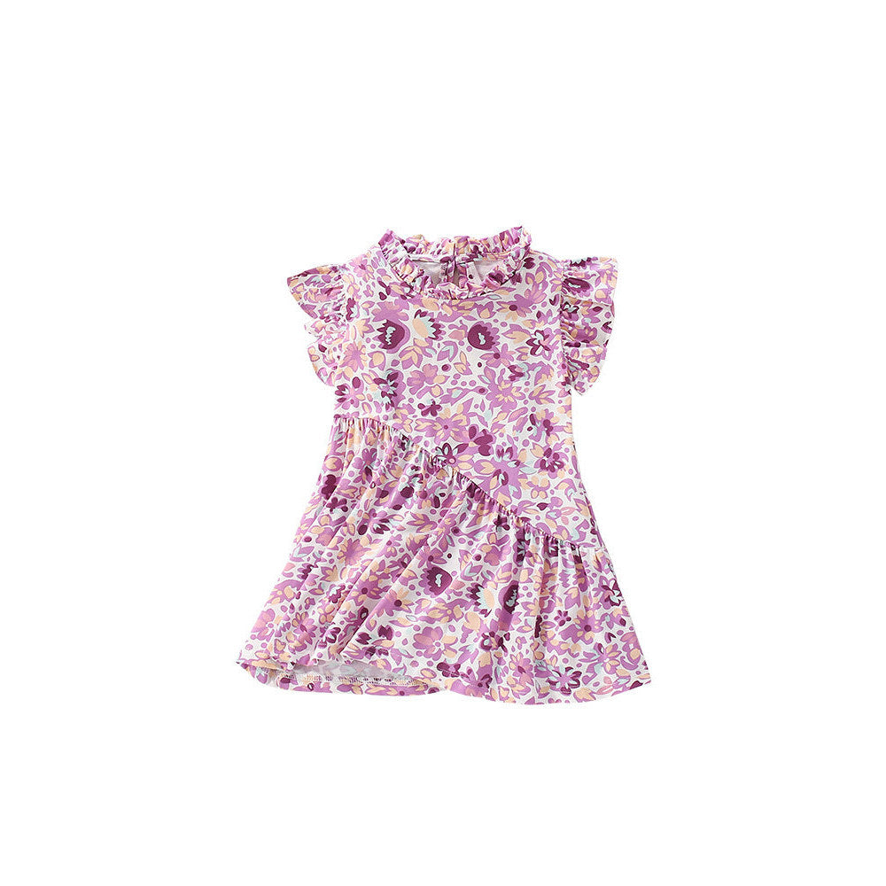 MyKids-USA® Purple Flowers Pattern Fly Sleeves Ruffle Neck Dress for Stylish Girls