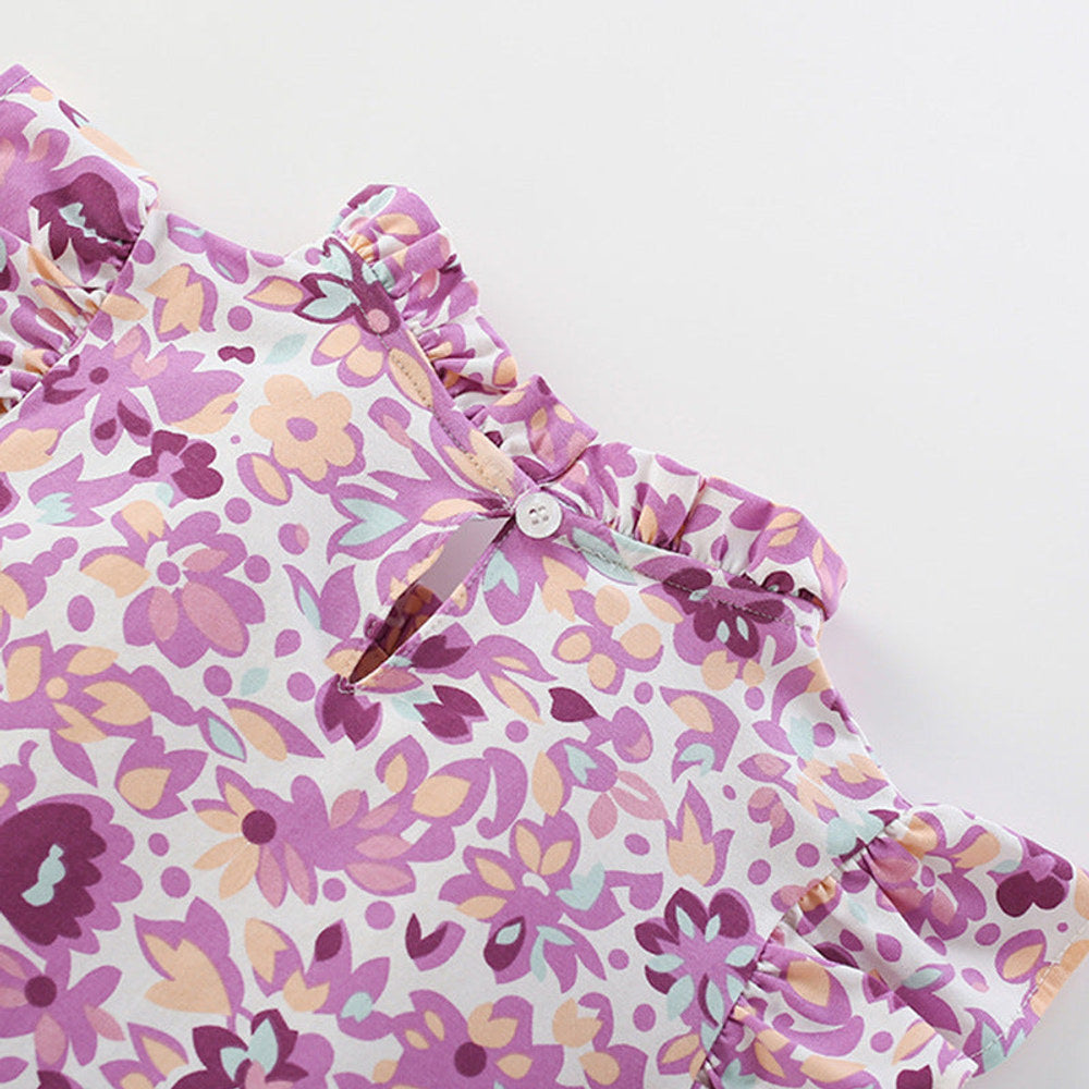 MyKids-USA® Purple Flowers Pattern Fly Sleeves Ruffle Neck Dress for Stylish Girls