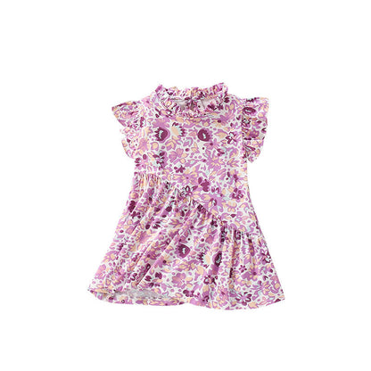 MyKids-USA® Purple Flowers Pattern Fly Sleeves Ruffle Neck Dress for Stylish Girls