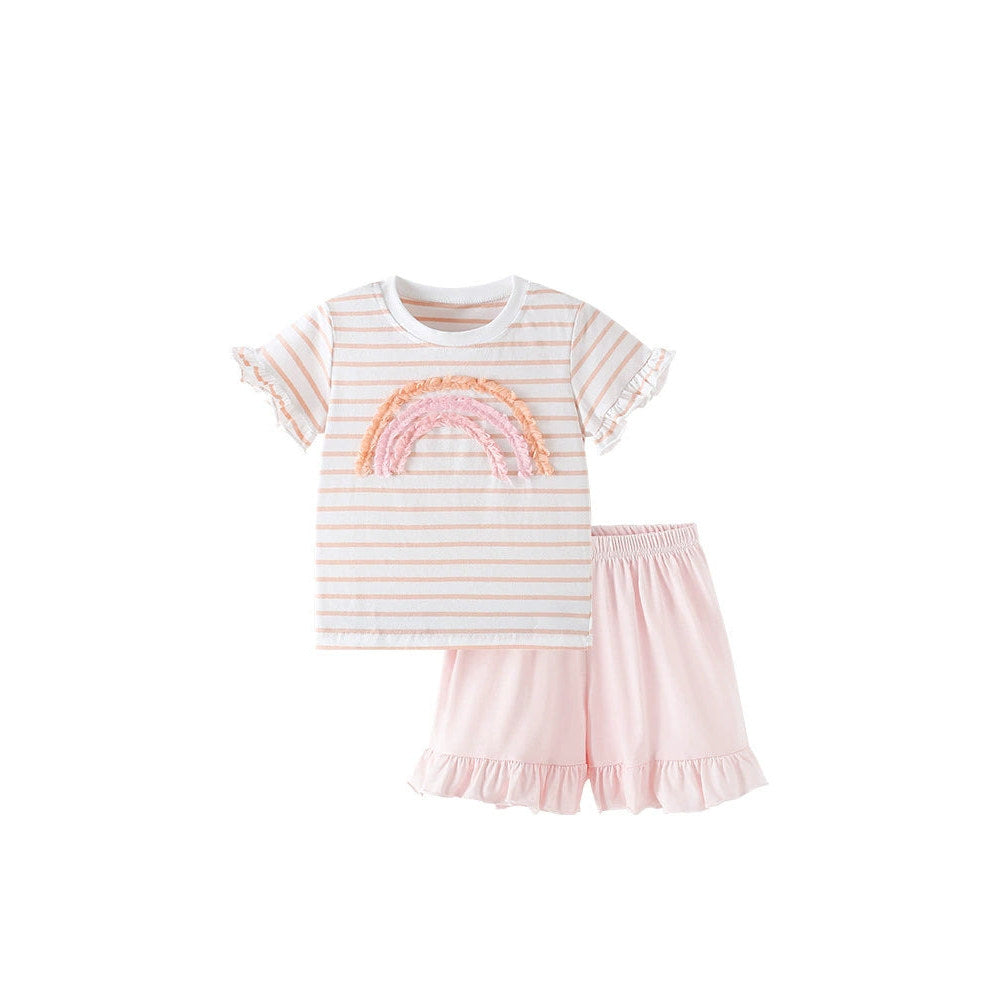 MyKids-USA® Baby Kids Rainbow Pattern Striped T-shirt and Pink Shorts Clothing Set for Girls