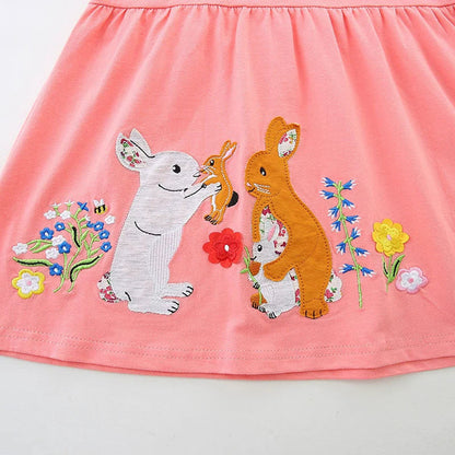 MyKids-USA® Rabbits and Flowers Cartoon Pattern Short Sleeves Dress for Stylish Girls