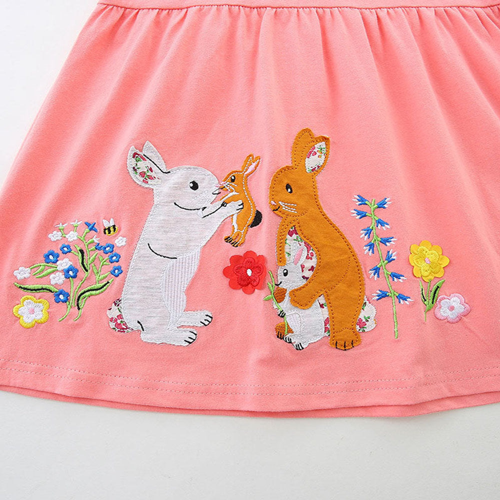 MyKids-USA® Rabbits and Flowers Cartoon Pattern Short Sleeves Dress for Stylish Girls