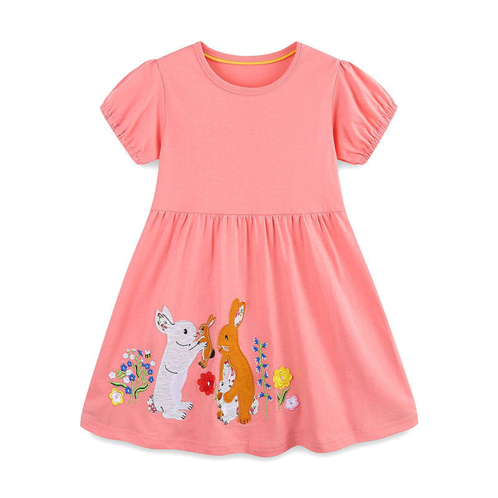 MyKids-USA® Rabbits and Flowers Cartoon Pattern Short Sleeves Dress for Stylish Girls