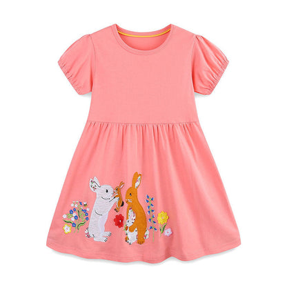 MyKids-USA® Rabbits and Flowers Cartoon Pattern Short Sleeves Dress for Stylish Girls