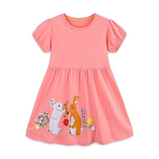 MyKids-USA® Summer Arrival Rabbits and Flowers Cartoon Pattern Short Sleeves Dress for Stylish Girls