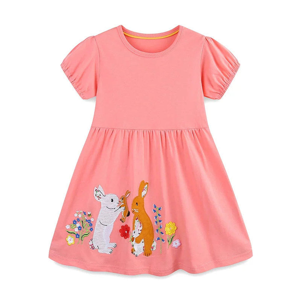 MyKids-USA® Rabbits and Flowers Cartoon Pattern Short Sleeves Dress for Stylish Girls