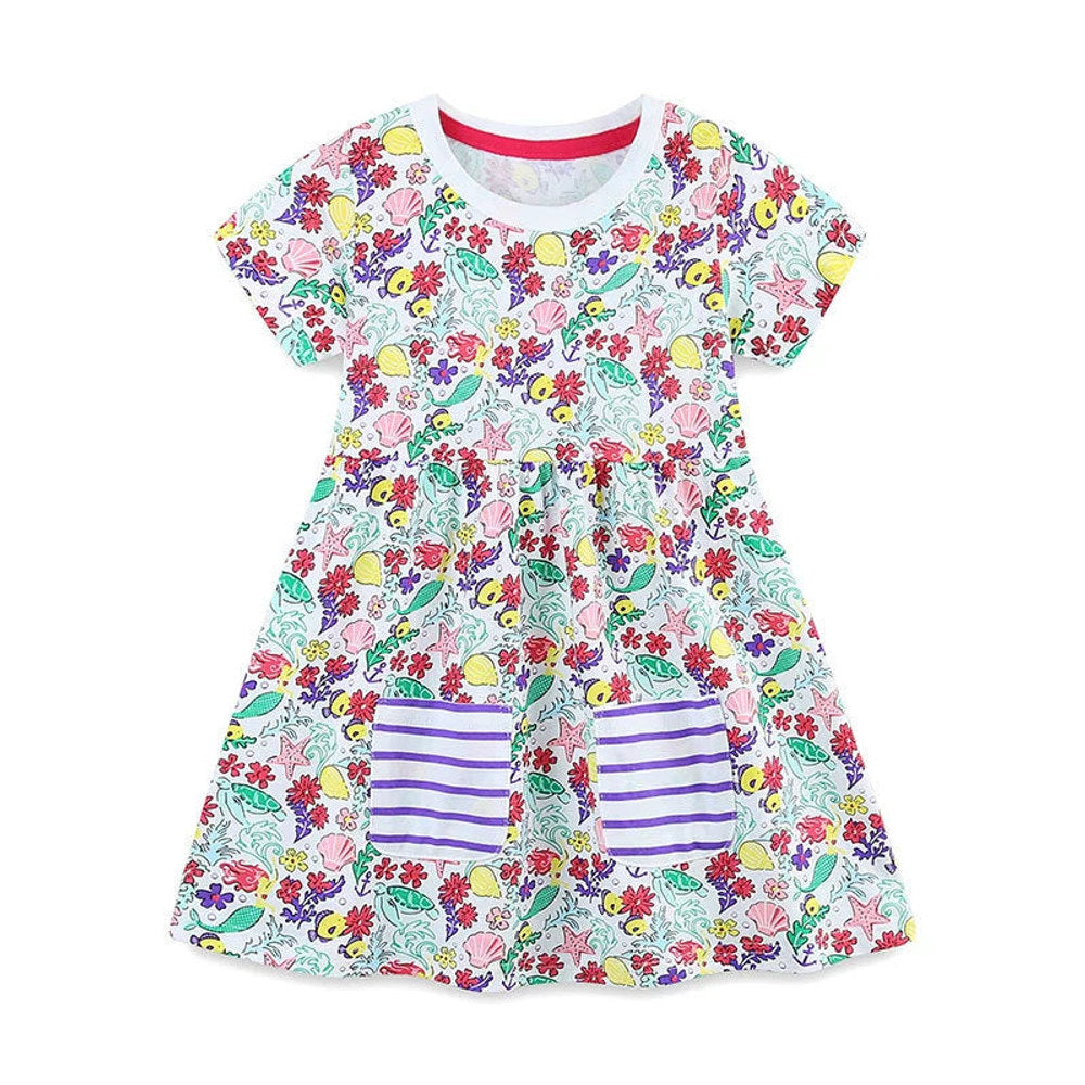 MyKids-USA® Flowers Pattern Short Sleeves Crew Neck Dress for Stylish Girls