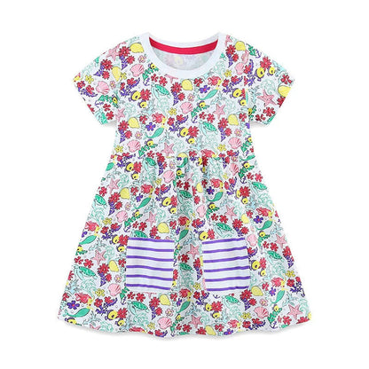 MyKids-USA® Flowers Pattern Short Sleeves Crew Neck Dress for Stylish Girls