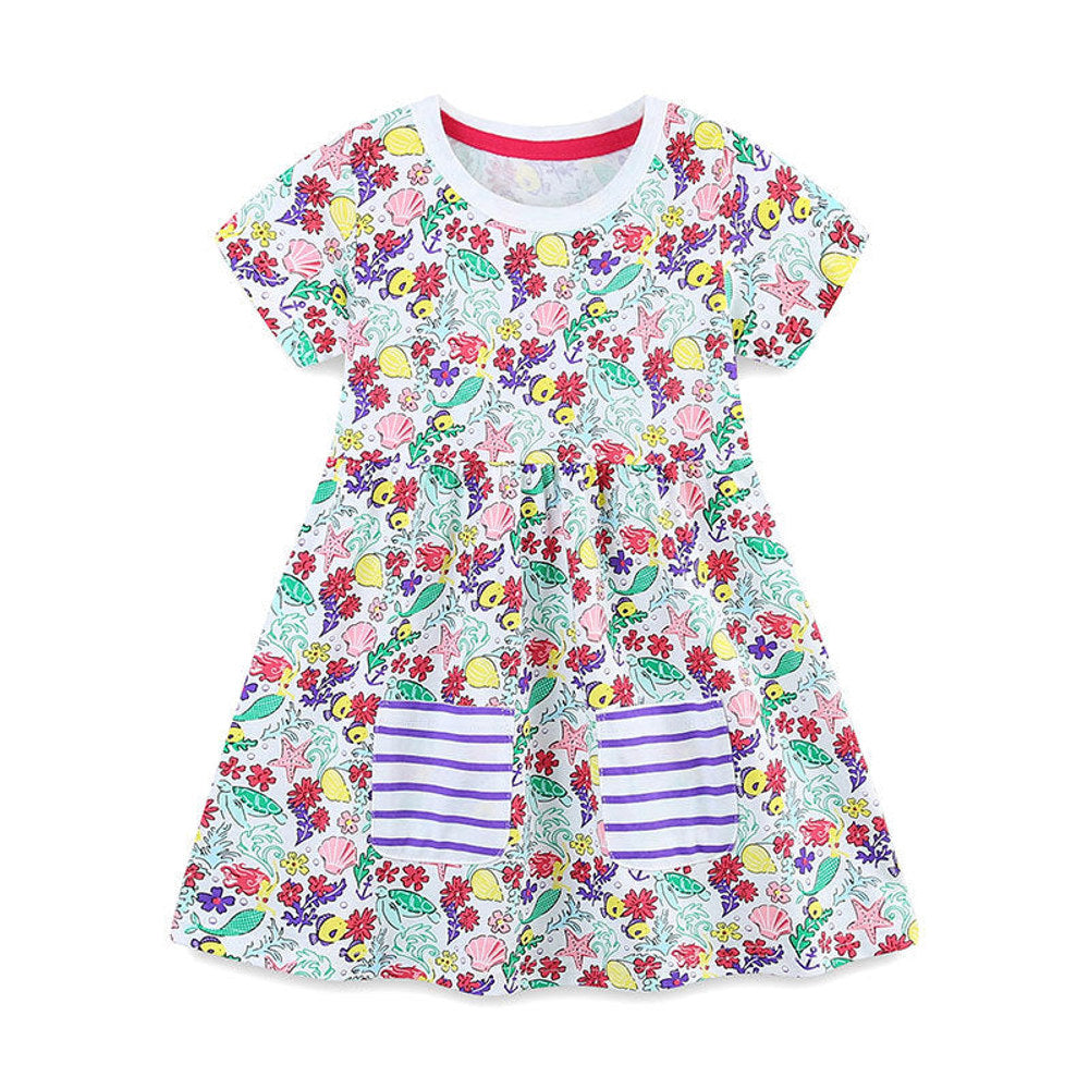 MyKids-USA® Flowers Pattern Short Sleeves Crew Neck Dress for Stylish Girls