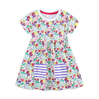 MyKids-USA® Flowers Pattern Short Sleeves Crew Neck Dress for Stylish Girls