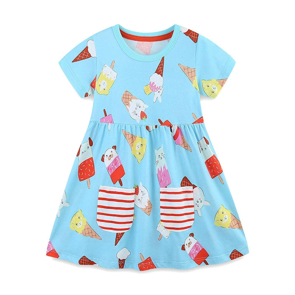 MyKids-USA® Animals Shaped Ice-cream Pattern Short Sleeves Crew Neck Dress for Stylish Girls