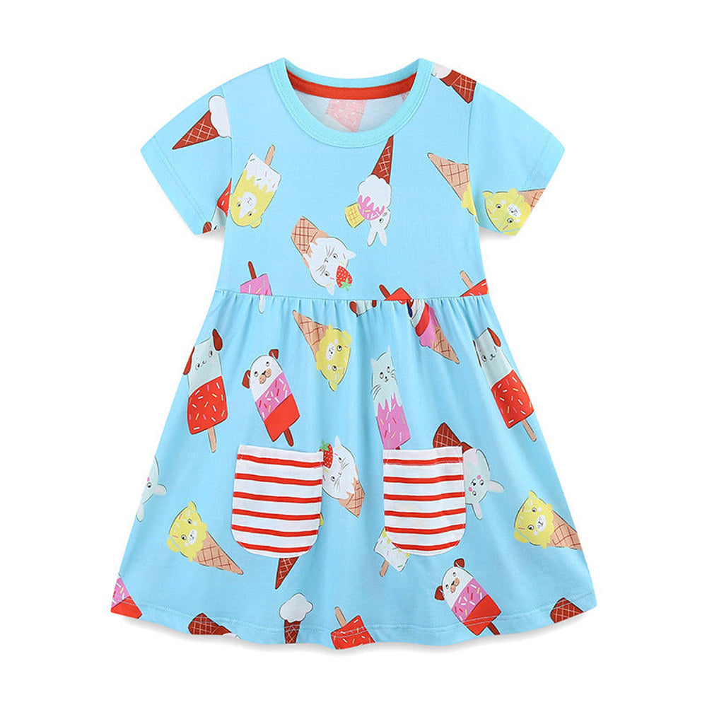 MyKids-USA® Animals Shaped Ice-cream Pattern Short Sleeves Crew Neck Dress for Stylish Girls