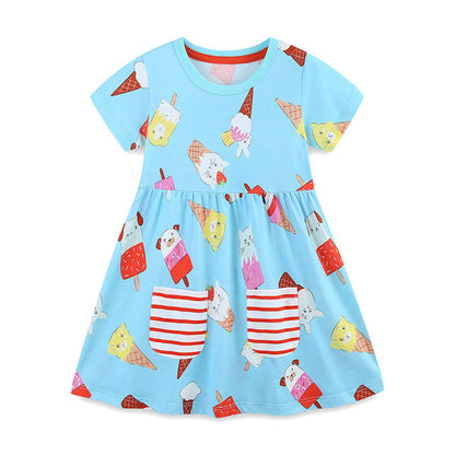 MyKids-USA® Animals Shaped Ice-cream Pattern Short Sleeves Crew Neck Dress for Stylish Girls