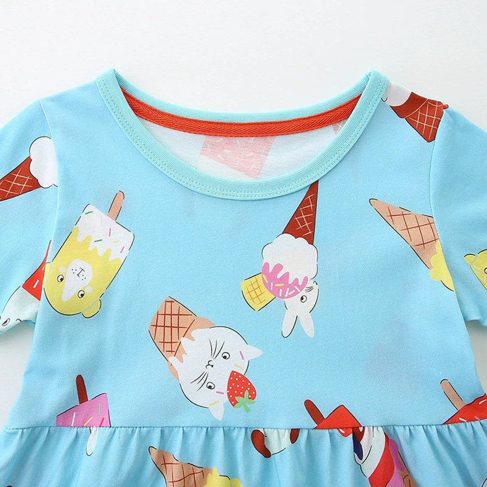 MyKids-USA® Animals Shaped Ice-cream Pattern Short Sleeves Crew Neck Dress for Stylish Girls