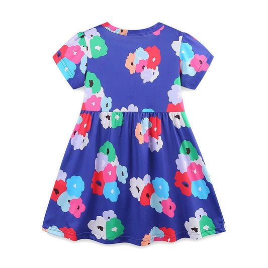 MyKids-USA® Summer Arrival Colorful Flowers Pattern Short Sleeves Crew Neck Dress for Stylish Girls