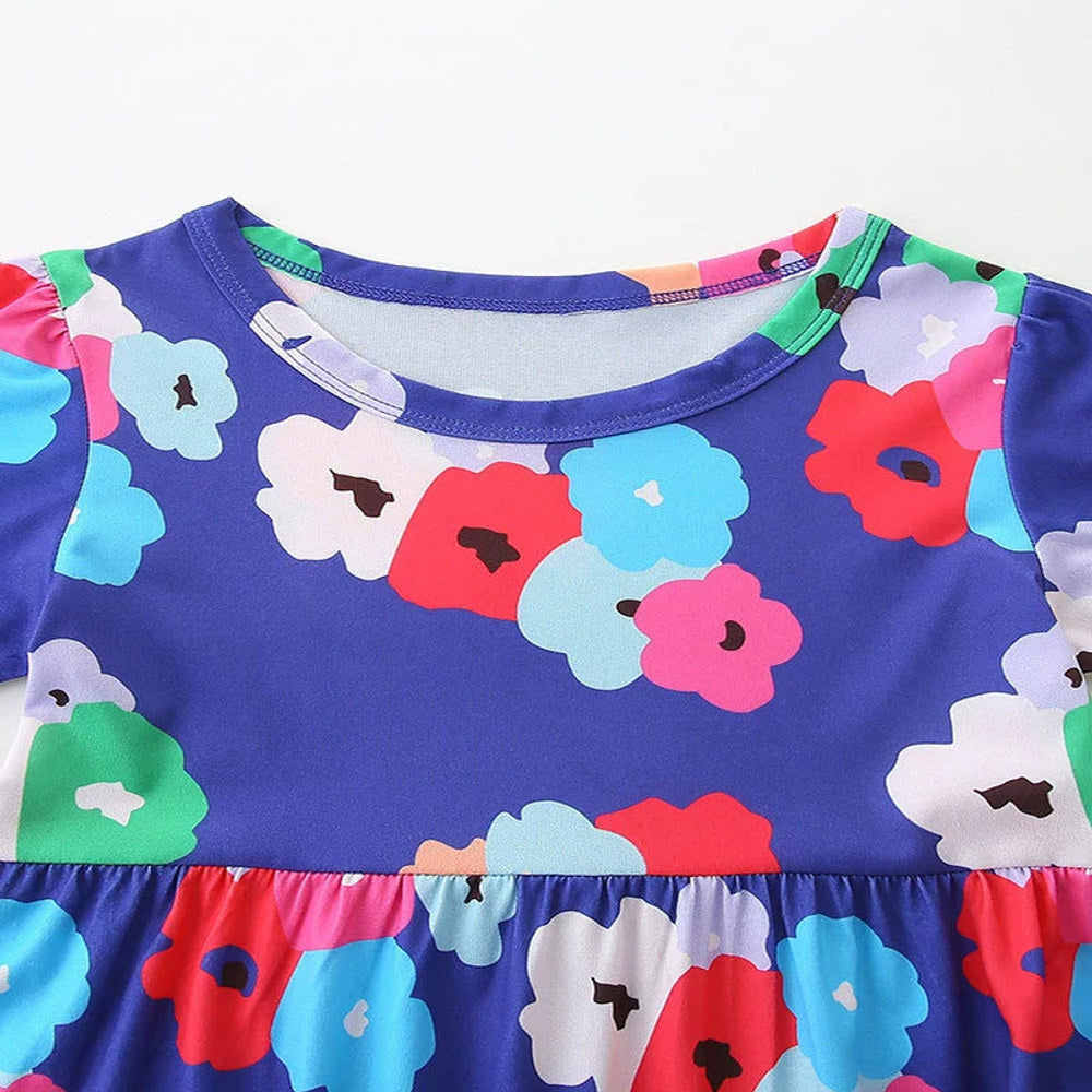 MyKids-USA® Colorful Flowers Pattern Short Sleeves Crew Neck Dress for Stylish Girls