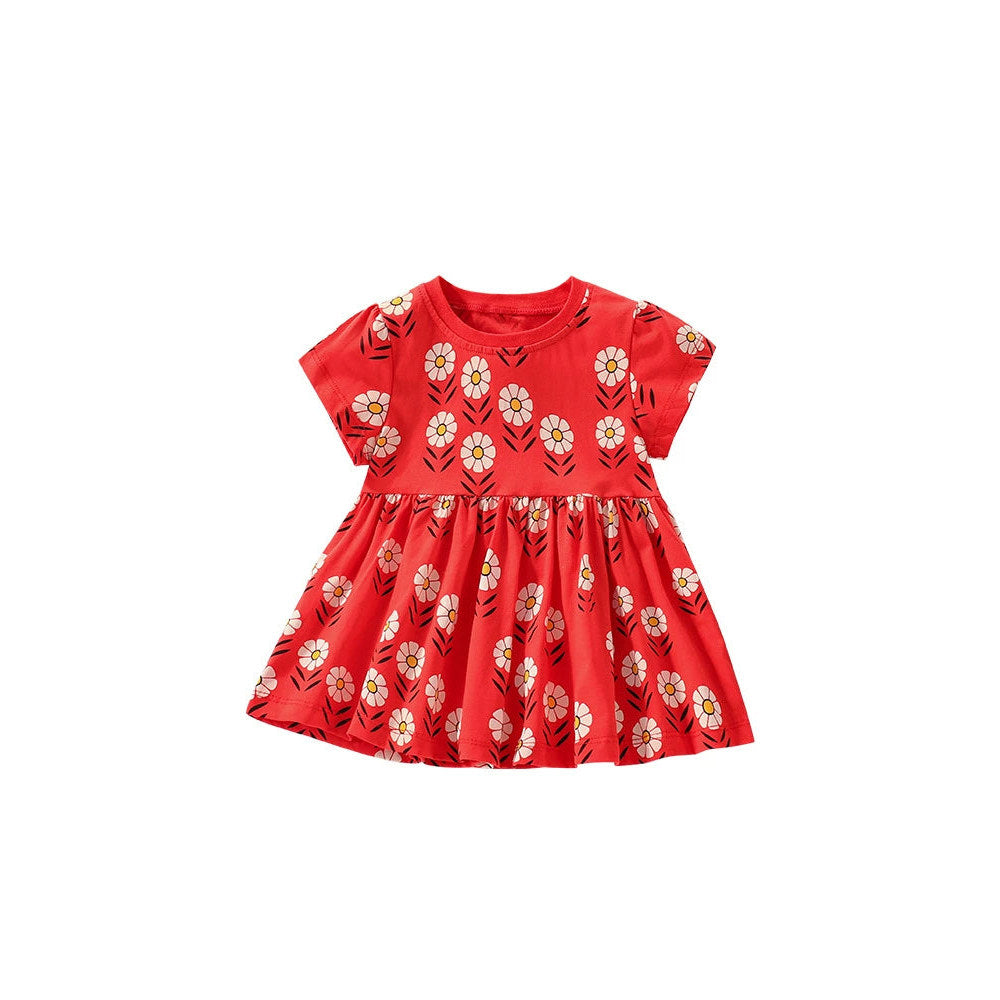 MyKids-USA® Flowers Pattern Short Sleeves Crew Neck Dress for Stylish Girls