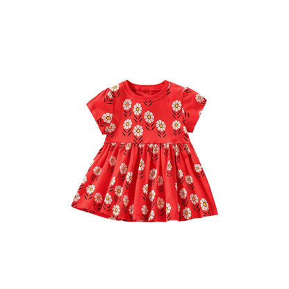 MyKids-USA® Flowers Pattern Short Sleeves Crew Neck Dress for Stylish Girls