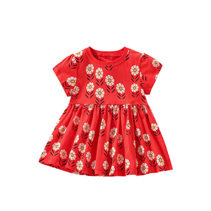 MyKids-USA® Flowers Pattern Short Sleeves Crew Neck Dress for Stylish Girls