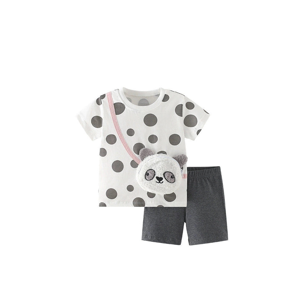 MyKids-USA® Baby Kids Casual Panda and Polka Dots Pattern T-shirt and Shorts Clothing Set for Girls
