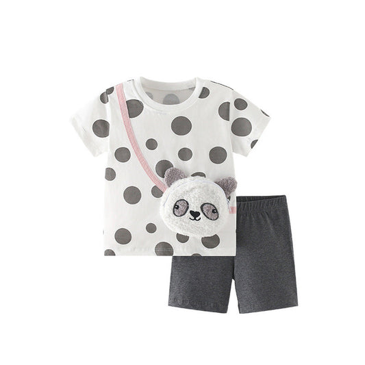 MyKids-USA® Baby Kids Casual Panda and Polka Dots Pattern T-shirt and Shorts Clothing Set for Girls