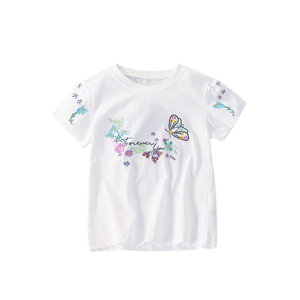 MyKids-USA® Summer Girls’ Butterfly and Flowers Pattern Decorated T-shirt in European and American Style