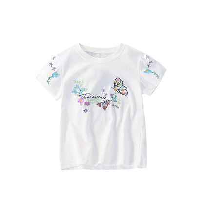 MyKids-USA® Summer Girls’ Butterfly and Flowers Pattern Decorated T-shirt in European and American Style