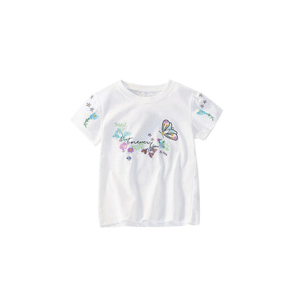 MyKids-USA® Summer Girls’ Butterfly and Flowers Pattern Decorated T-shirt in European and American Style