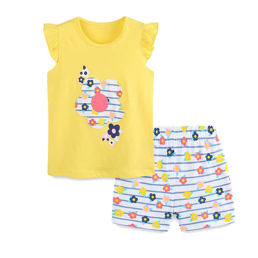 MyKids-USA® Baby Kids Cute Flowers Pattern Vest and Striped Shorts Clothing Set for Girls