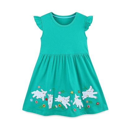 MyKids-USA® Animals and Flowers Cartoon Pattern Fly Sleeves Dress for Stylish Girls