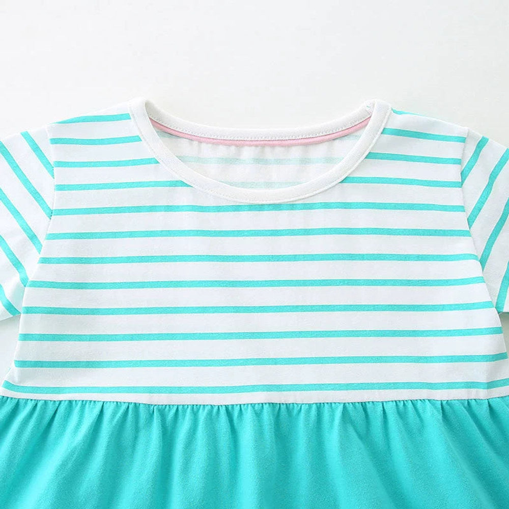 MyKids-USA® Animals Cartoon Pattern Short Sleeves Striped Dress for Stylish Girls