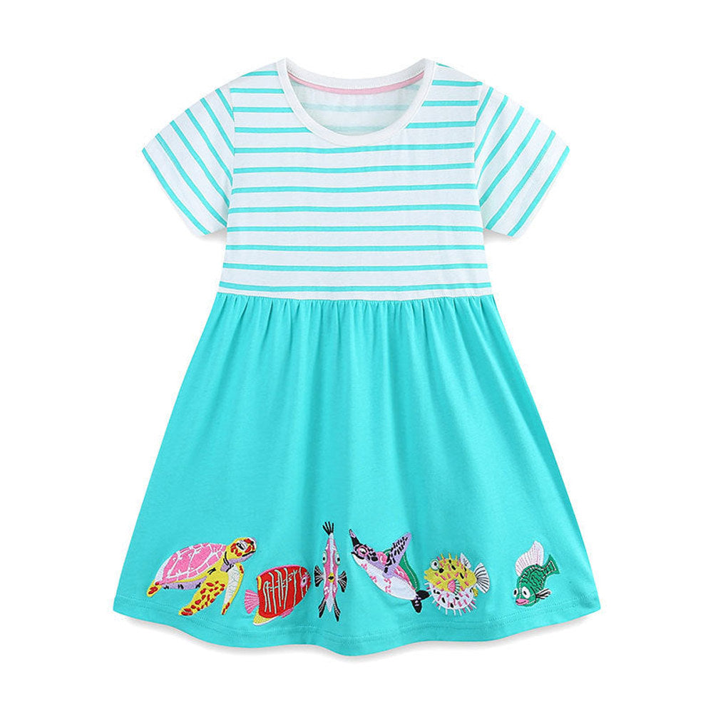 MyKids-USA® Animals Cartoon Pattern Short Sleeves Striped Dress for Stylish Girls