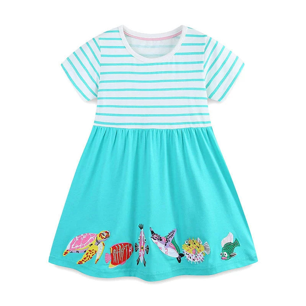 MyKids-USA® Animals Cartoon Pattern Short Sleeves Striped Dress for Stylish Girls