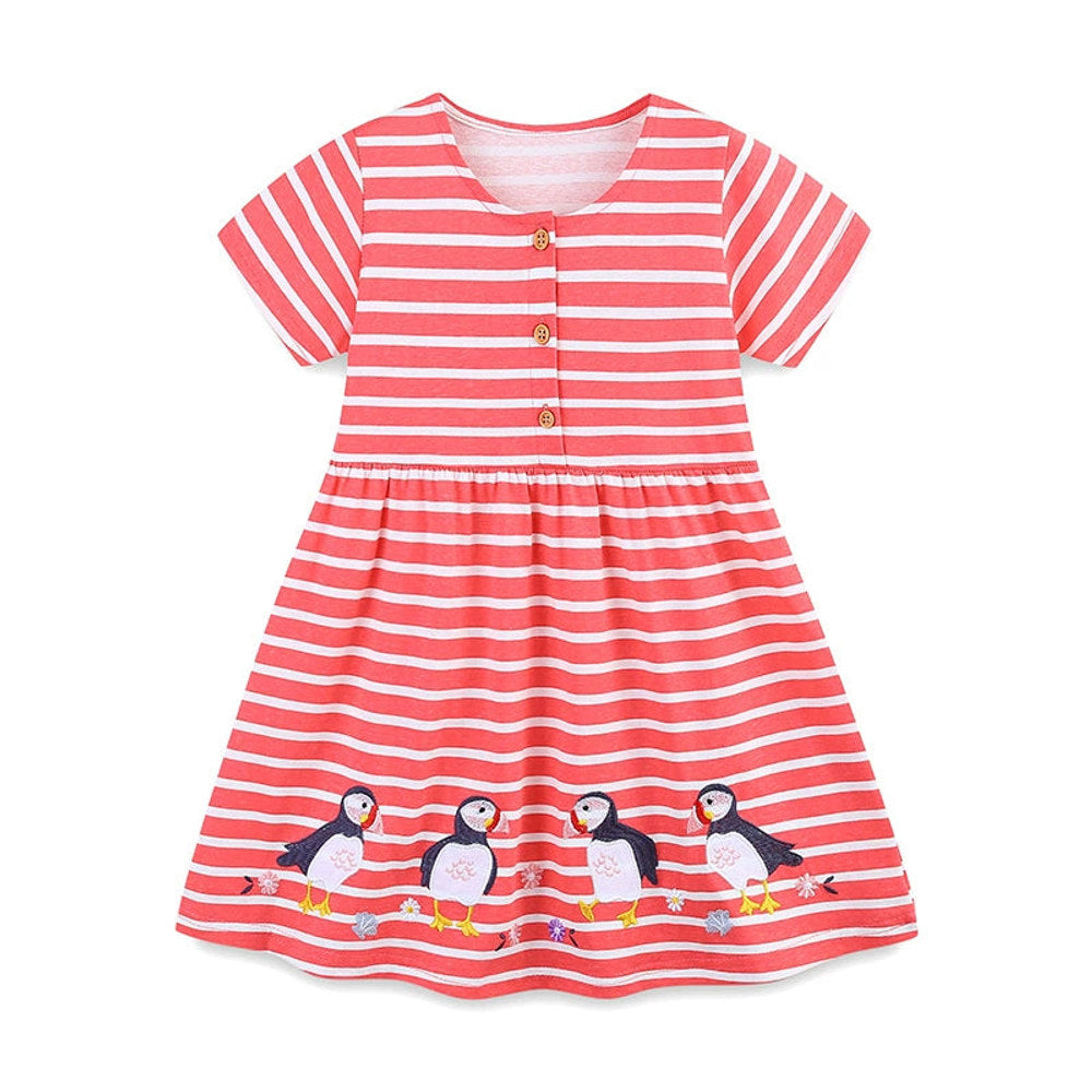 MyKids-USA® Animals Cartoon Pattern Short Sleeves Striped Dress for Stylish Girls