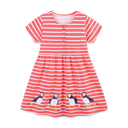 MyKids-USA® Animals Cartoon Pattern Short Sleeves Striped Dress for Stylish Girls