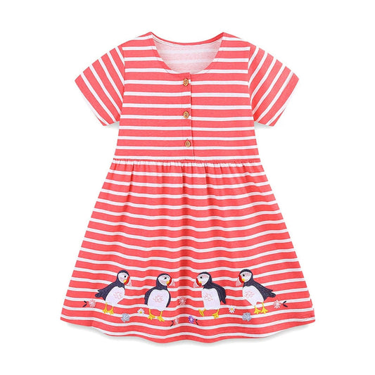 MyKids-USA® Summer Arrival Animals Cartoon Pattern Short Sleeves Striped Dress for Stylish Girls