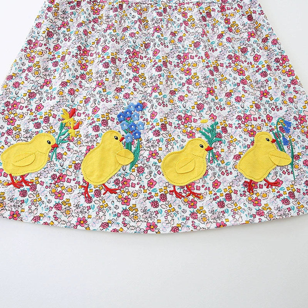 MyKids-USA® Animals Cartoon and Flowers Pattern Short Sleeves Dress for Stylish Girls