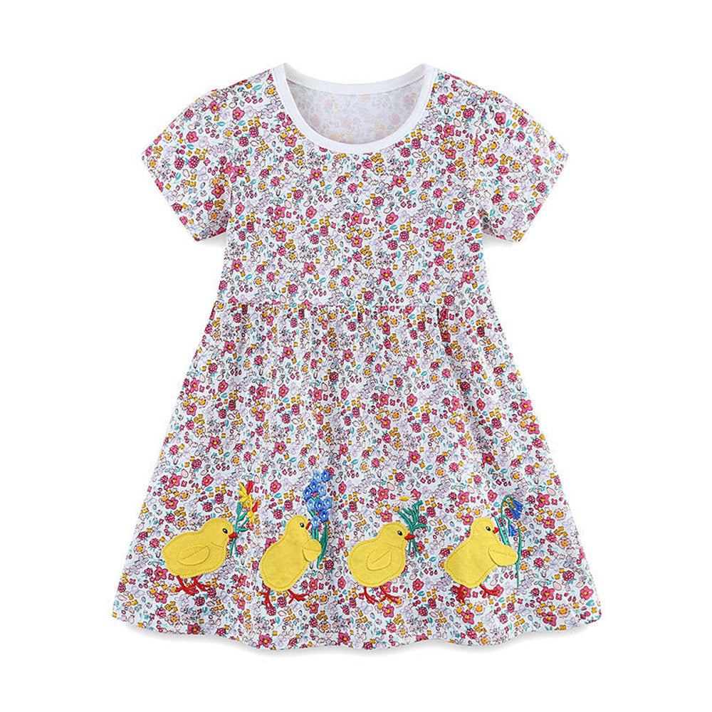 MyKids-USA® Animals Cartoon and Flowers Pattern Short Sleeves Dress for Stylish Girls