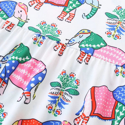 MyKids-USA® Colorful Flowers and Elephants Pattern Sleeveless Crew Neck Dress for Stylish Girls