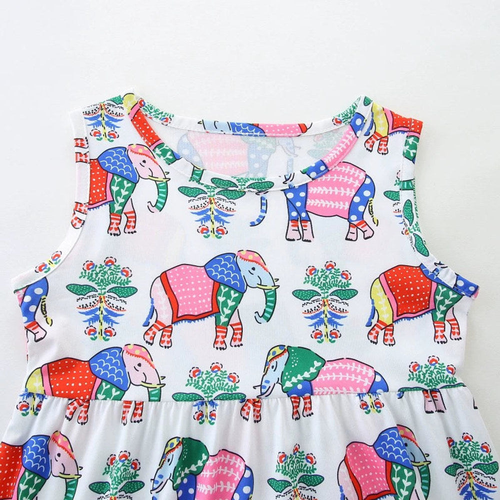MyKids-USA® Colorful Flowers and Elephants Pattern Sleeveless Crew Neck Dress for Stylish Girls