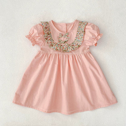 MyKids-USA® Baby Girls French-style Flowers Pattern Short Sleeves Color Patchwork bodysuit or Dress – Princess Sister Matching