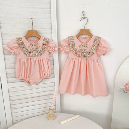 MyKids-USA® Baby Girls French-style Flowers Pattern Short Sleeves Color Patchwork bodysuit or Dress – Princess Sister Matching