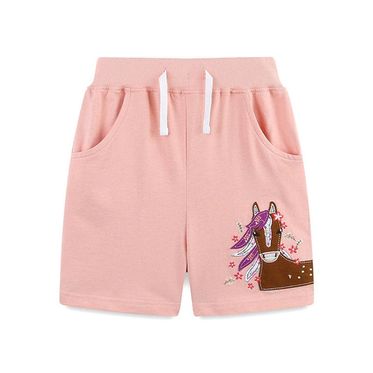 MyKids-USA® Baby Kids Girls Cotton Casual Style Horse and Flowers Pattern Embroidered Shorts