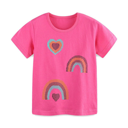 MyKids-USA® Girls’ Rainbow and Heart Pattern T-shirt in European and American Style