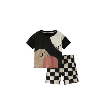 MyKids-USA® Baby Kids Casual Color Patchwork Cartoon Pattern T-shirt and Plaid Shorts Clothing Set for Boys