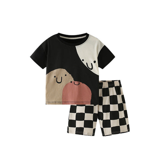 MyKids-USA® Baby Kids Casual Color Patchwork Cartoon Pattern T-shirt and Plaid Shorts Clothing Set for Boys