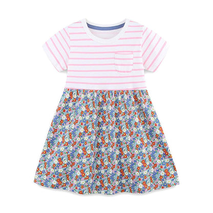 MyKids-USA® Striped and Flowers Pattern Short Sleeves Color Patchwork Dress for Stylish Girls