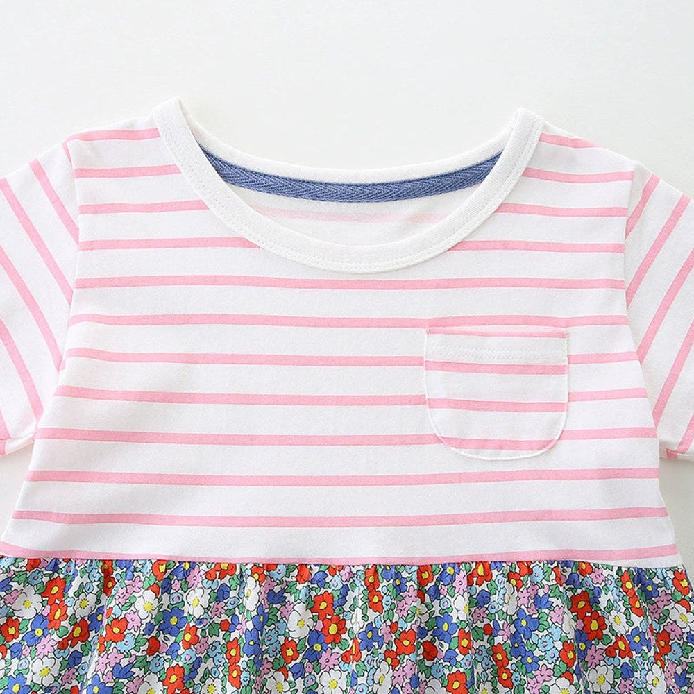 MyKids-USA® Striped and Flowers Pattern Short Sleeves Color Patchwork Dress for Stylish Girls