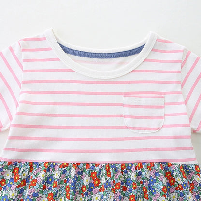 MyKids-USA® Striped and Flowers Pattern Short Sleeves Color Patchwork Dress for Stylish Girls