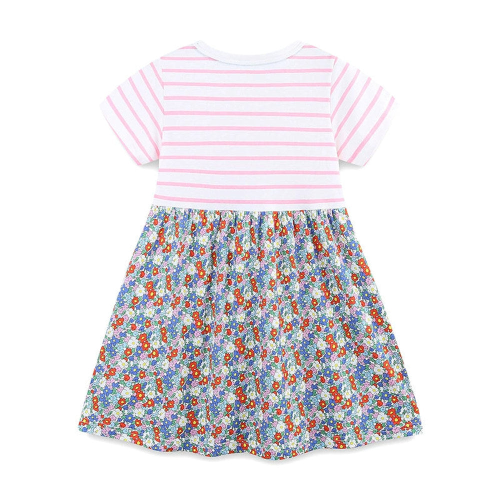 MyKids-USA® Striped and Flowers Pattern Short Sleeves Color Patchwork Dress for Stylish Girls